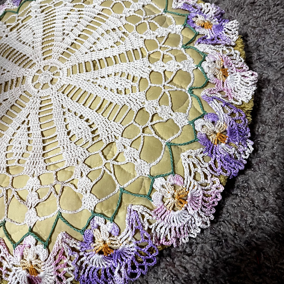 Vintage Handmade Crochet Round Lace Doily Pillow Doilie Gold 17" chair couch - Picture 2 of 4